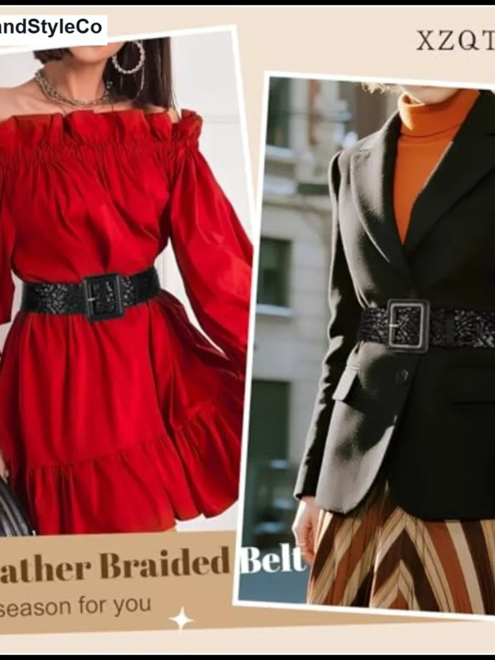Wide Braided Leather Belt for Dresses with Square Buckle Adjustable Woven